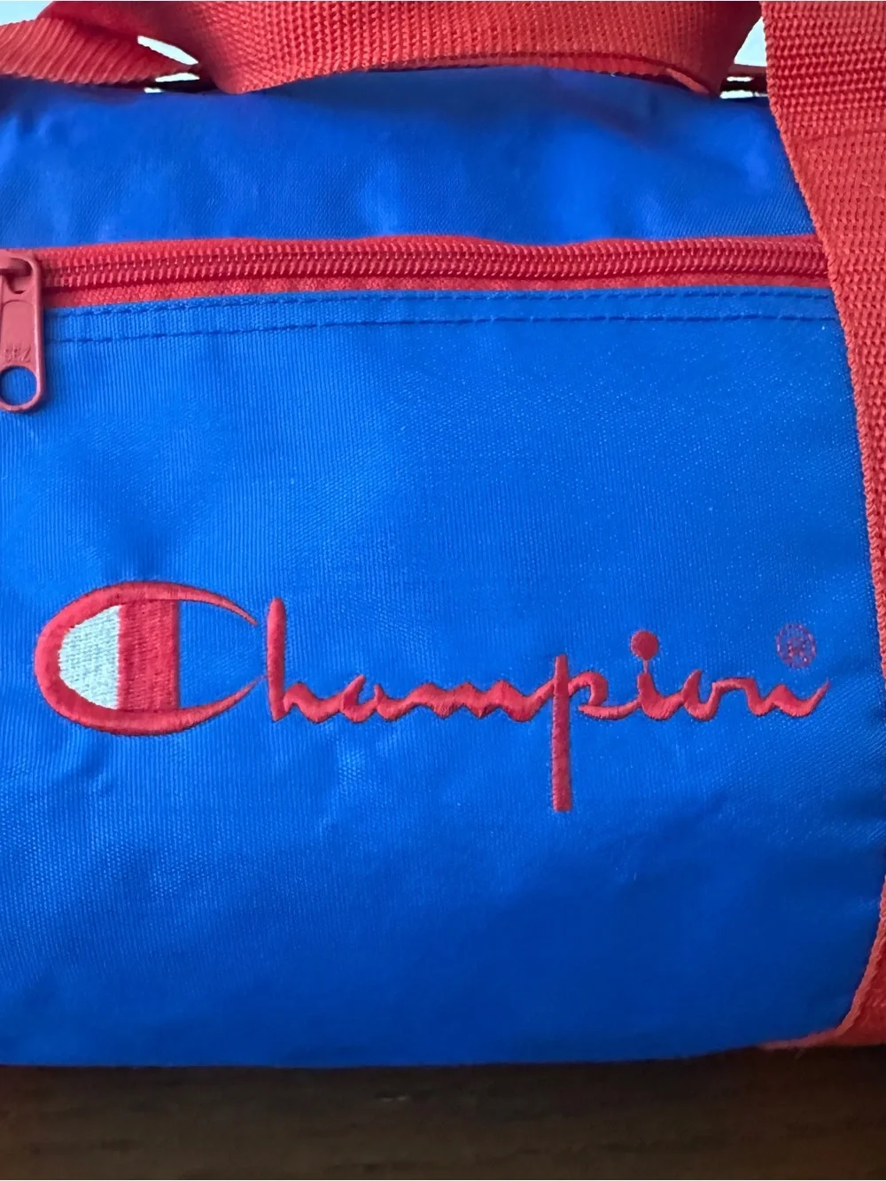 Vintage CHAMPION Duffle Bag Blue Red Spellout Gym Overnight Travel